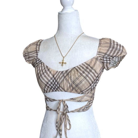 Tiger Mist Karim Plaid Crop Top Womens Semi Sheer Boho Milkmaid Sz XS - Picture 6 of 8